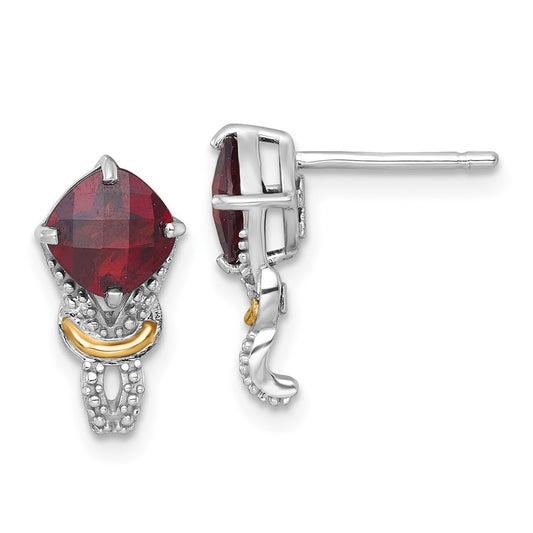 QTC1866 Shey Couture Sterling Silver Rhodium-plated with 14k Accent Checker-cut Cushion Garnet and .02ct. Diamond Post Earrings