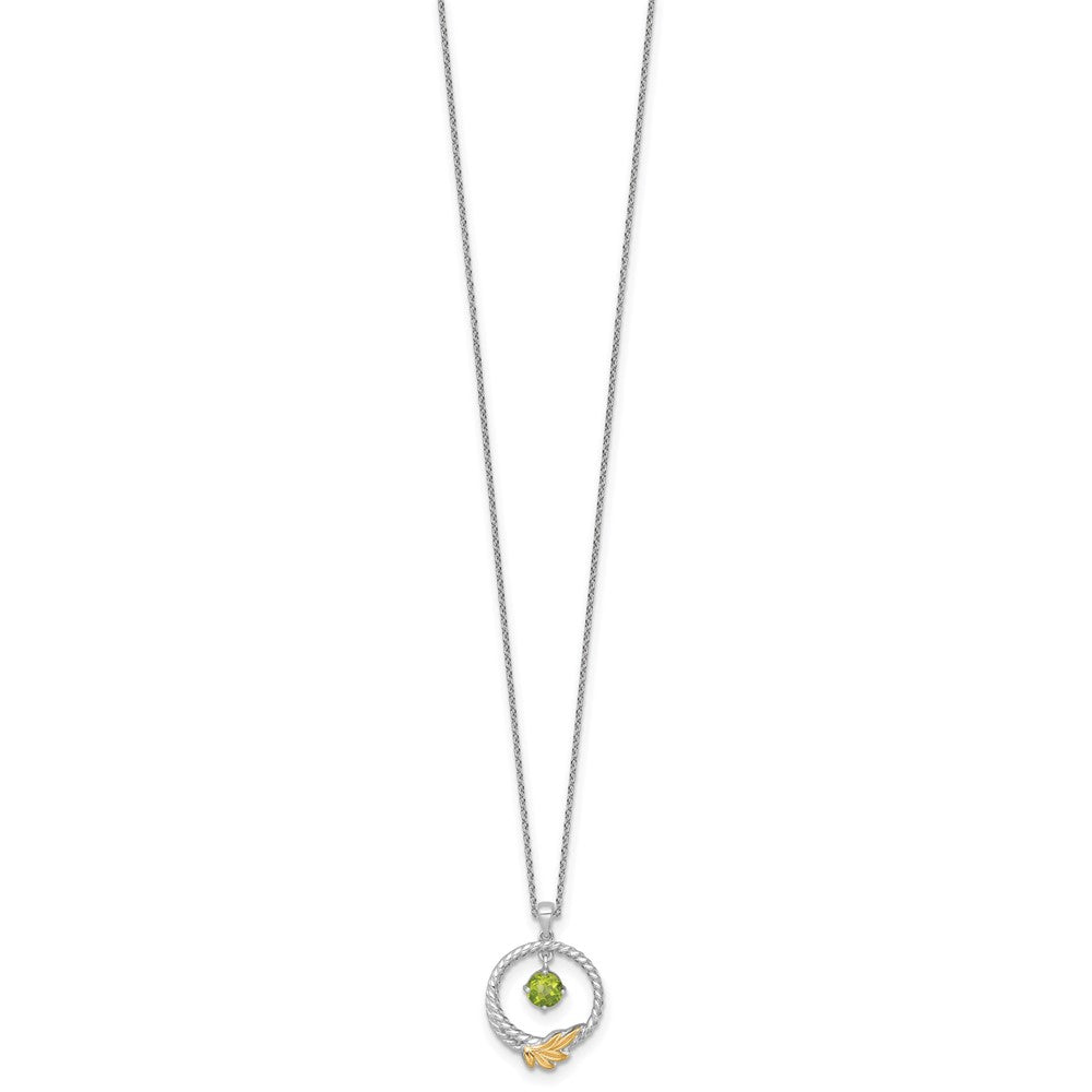 Shey Couture Sterling Silver Rhodium-plated Twisted Circle with 14k Leaf Accent Round Peridot Dangle 18 inch with 2 inch Extension Necklace QTC1869