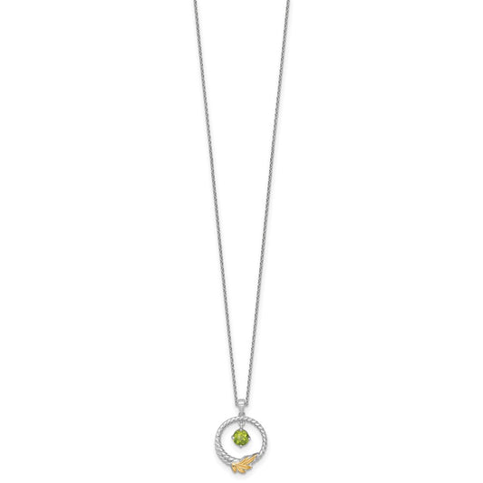 Shey Couture Sterling Silver Rhodium-plated Twisted Circle with 14k Leaf Accent Round Peridot Dangle 18 inch with 2 inch Extension Necklace QTC1869