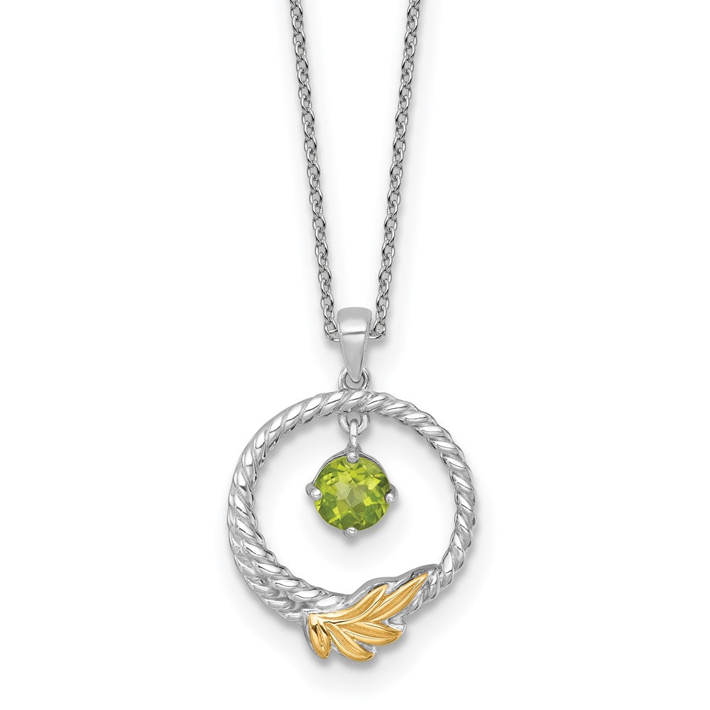 Shey Couture Sterling Silver Rhodium-plated Twisted Circle with 14k Leaf Accent Round Peridot Dangle 18 inch with 2 inch Extension Necklace QTC1869