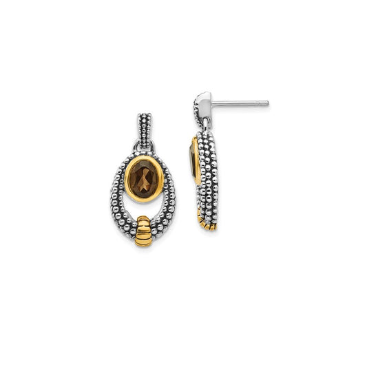 QTC19 Shey Couture Sterling Silver Gold-tone Flash Gold-plated Antiqued Oval Bezel Smoky Quartz Post Dangle Earrings