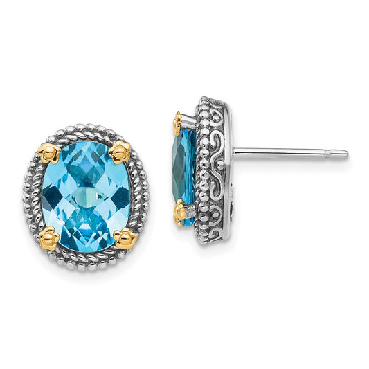 QTC226 Shey Couture Sterling Silver with 14K Accent Antiqued Oval Swiss Blue Topaz Post Earrings
