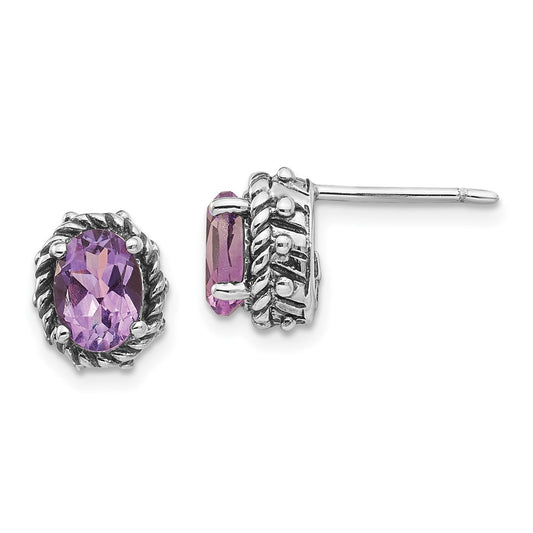 QTC274 Shey Couture Sterling Silver Antiqued Oval Amethyst Post Earrings
