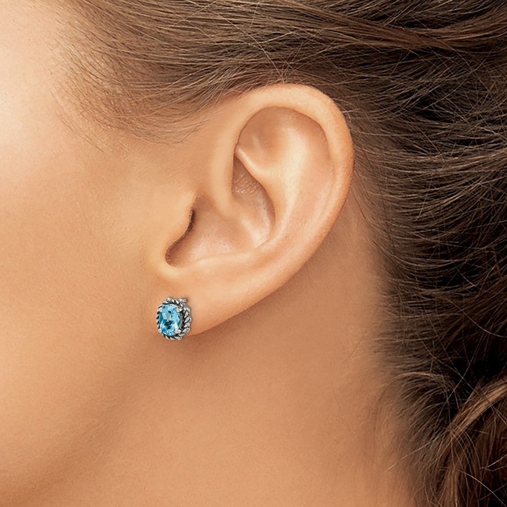 QTC275 Shey Couture Sterling Silver Antiqued Oval Blue Topaz Post Earrings