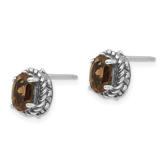 QTC277 Shey Couture Sterling Silver Antiqued Oval Smoky Quartz Post Earrings