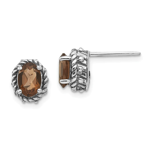 QTC277 Shey Couture Sterling Silver Antiqued Oval Smoky Quartz Post Earrings