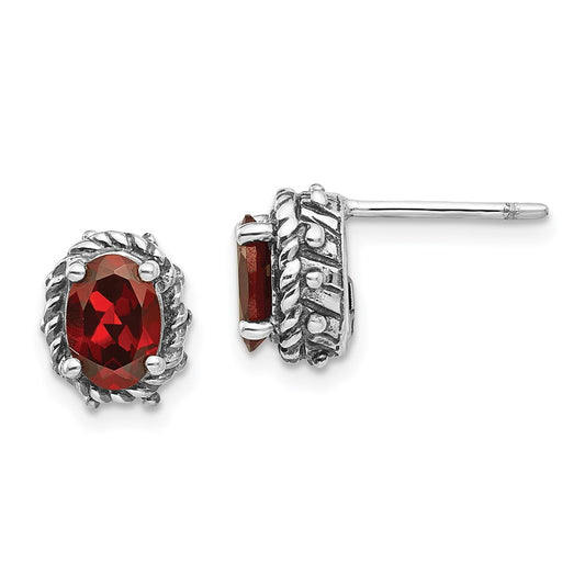 QTC278 Shey Couture Sterling Silver Antiqued Oval Garnet Post Earrings