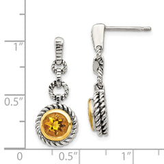 QTC28 Shey Couture Sterling Silver Gold-tone Flash Gold-plated Antiqued Round Bezel Citrine Post Dangle Earrings