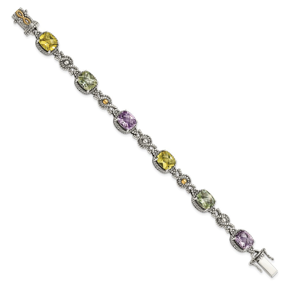 Shey Couture Sterling Silver with 14K Accent 7.25 Inch Antiqued Cushion 4.4Pink Quartz/4.4Green Quartz/4.4Lemon Quartz Bracelet QTC295