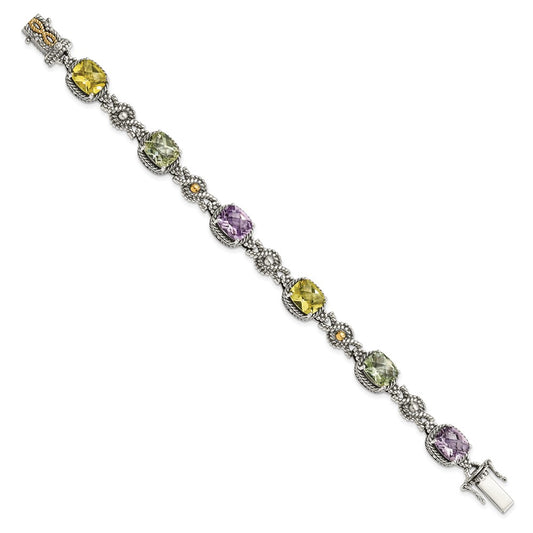 Shey Couture Sterling Silver with 14K Accent 7.25 Inch Antiqued Cushion 4.4Pink Quartz/4.4Green Quartz/4.4Lemon Quartz Bracelet QTC295