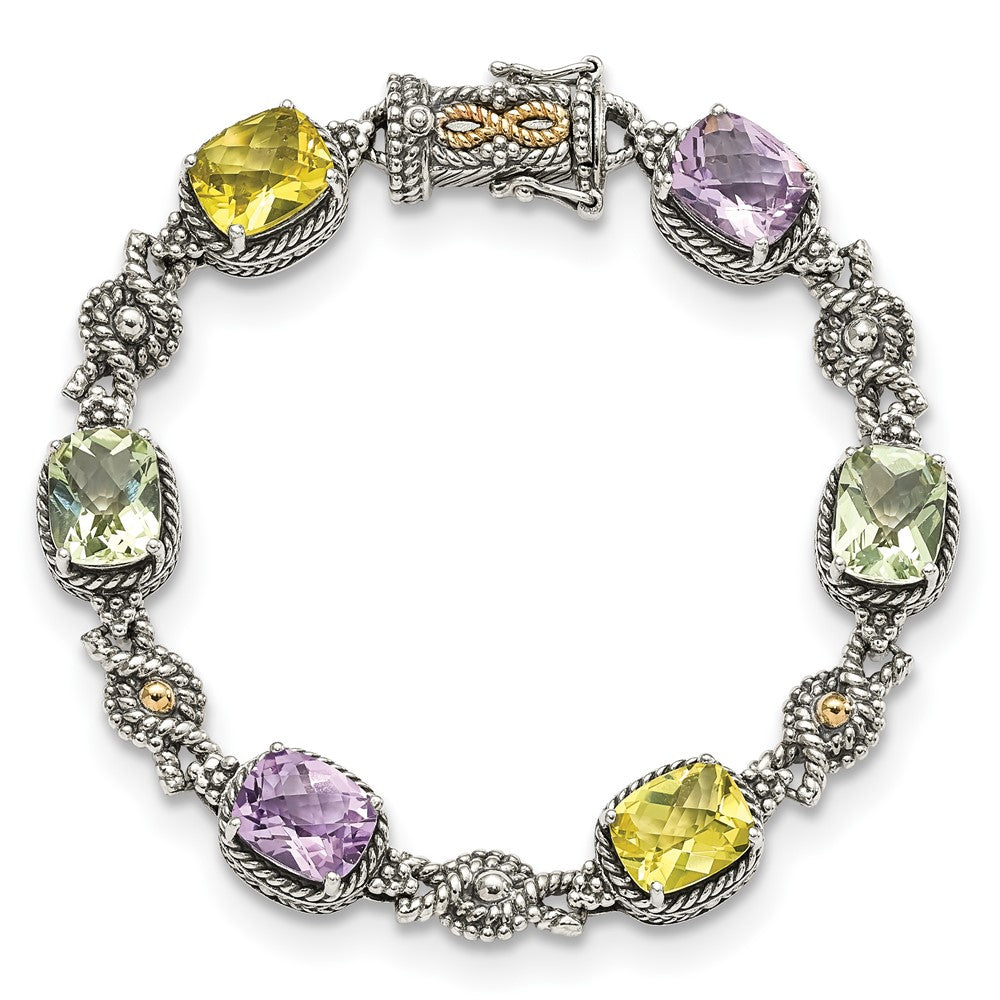 Shey Couture Sterling Silver with 14K Accent 7.25 Inch Antiqued Cushion 4.4Pink Quartz/4.4Green Quartz/4.4Lemon Quartz Bracelet QTC295