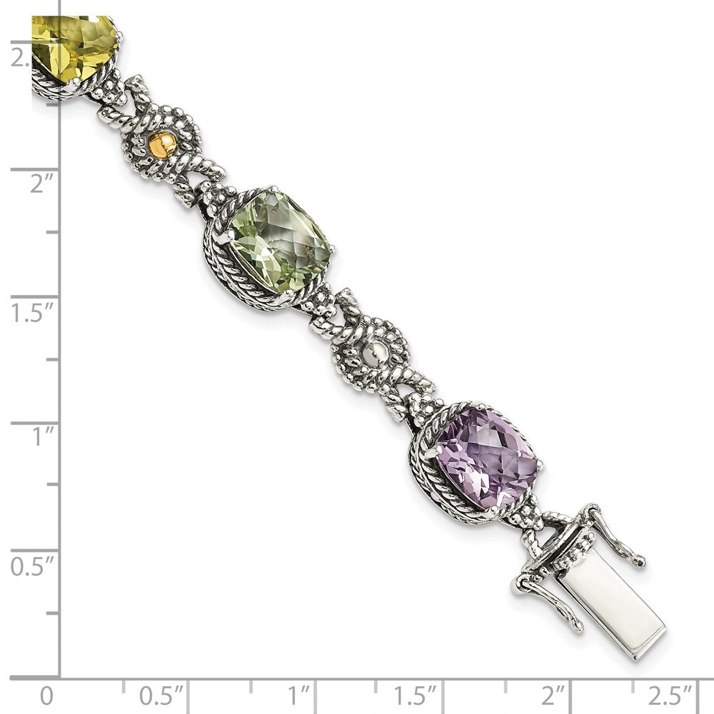 Shey Couture Sterling Silver with 14K Accent 7.25 Inch Antiqued Cushion 4.4Pink Quartz/4.4Green Quartz/4.4Lemon Quartz Bracelet QTC295