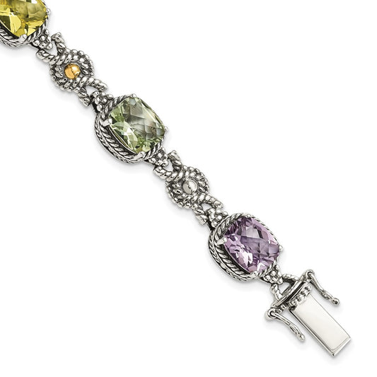 Shey Couture Sterling Silver with 14K Accent 7.25 Inch Antiqued Cushion 4.4Pink Quartz/4.4Green Quartz/4.4Lemon Quartz Bracelet QTC295