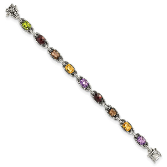 Shey Couture Sterling Silver 7.25 Inch Antiqued Cushion .86Amethyst/.86Citrine/1.10Garnet/.55Peridot/.86Smoky Quartz Bracelet QTC296