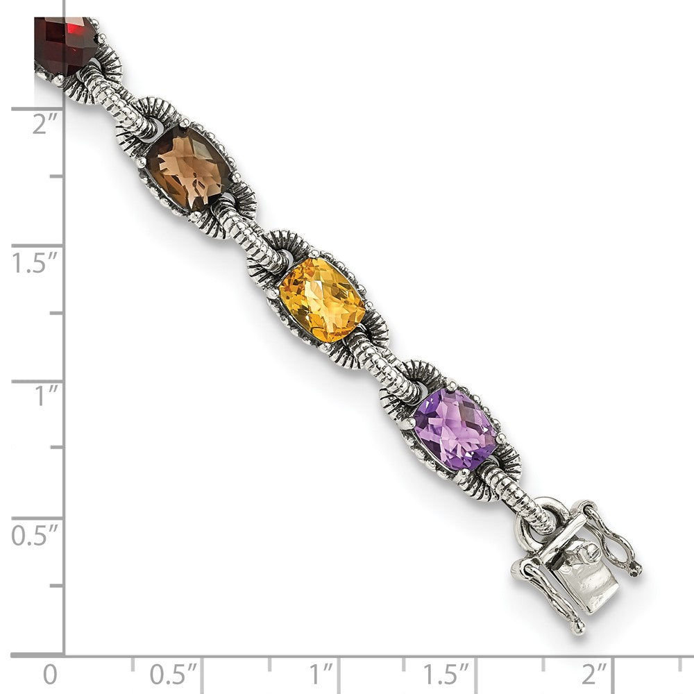 Shey Couture Sterling Silver 7.25 Inch Antiqued Cushion .86Amethyst/.86Citrine/1.10Garnet/.55Peridot/.86Smoky Quartz Bracelet QTC296