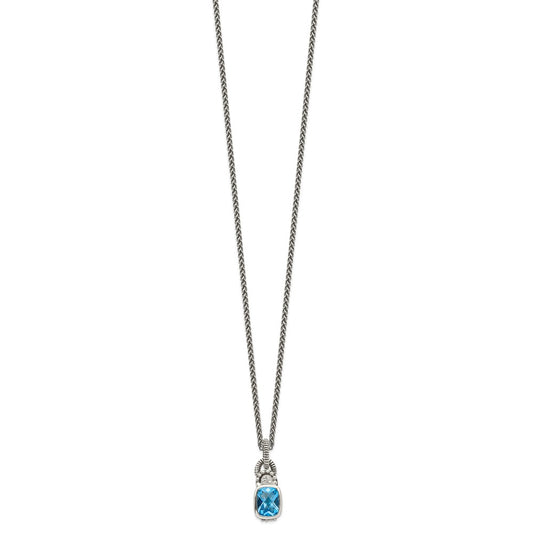 Shey Couture Sterling Silver 18 Inch Antiqued Cushion Bezel Sky Blue Topaz and Diamond Necklace QTC298