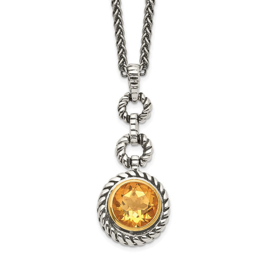 Shey Couture Sterling Silver Gold-tone Flash Gold-plated 18 Inch Antiqued Round Bezel Citrine Necklace QTC29