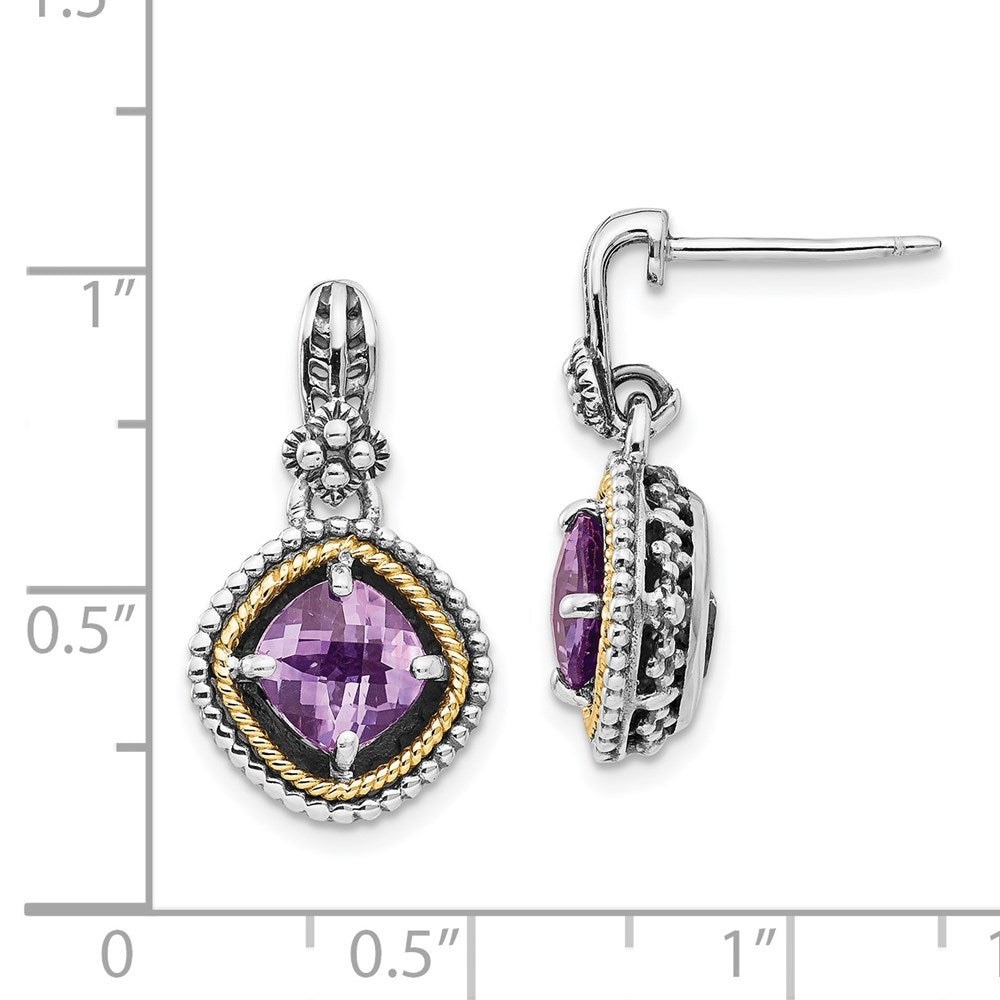 QTC362 Shey Couture Sterling Silver with 14K Accent Antiqued Cushion Amethyst Post Dangle Earrings