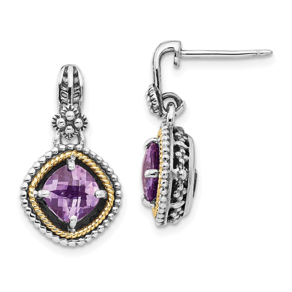 QTC362 Shey Couture Sterling Silver with 14K Accent Antiqued Cushion Amethyst Post Dangle Earrings