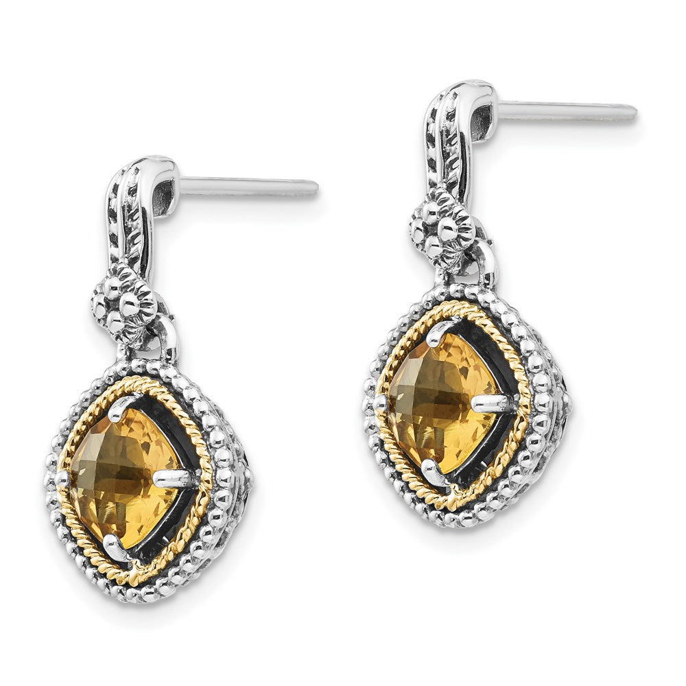 QTC365 Shey Couture Sterling Silver with 14K Accent Antiqued Cushion Citrine Dangle Post Earrings