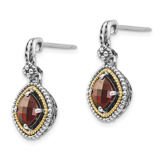 QTC366 Shey Couture Sterling Silver with 14K Accent Antiqued Checkerboard Cushion Garnet Post Dangle Earrings