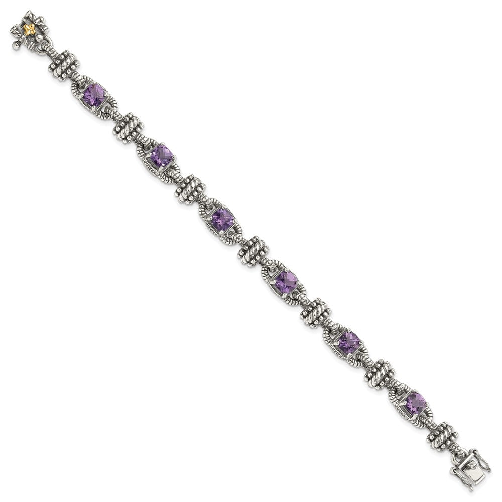 Shey Couture Sterling Silver with 14K Accent 7.5 Inch Antiqued Cushion Amethyst Bracelet QTC388