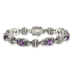 Shey Couture Sterling Silver with 14K Accent 7.5 Inch Antiqued Cushion Amethyst Bracelet QTC388