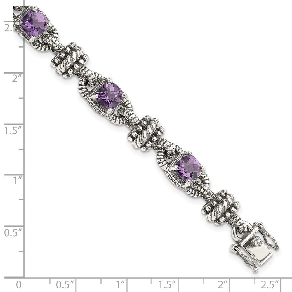 Shey Couture Sterling Silver with 14K Accent 7.5 Inch Antiqued Cushion Amethyst Bracelet QTC388
