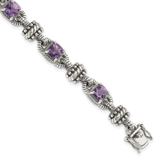 Shey Couture Sterling Silver with 14K Accent 7.5 Inch Antiqued Cushion Amethyst Bracelet QTC388