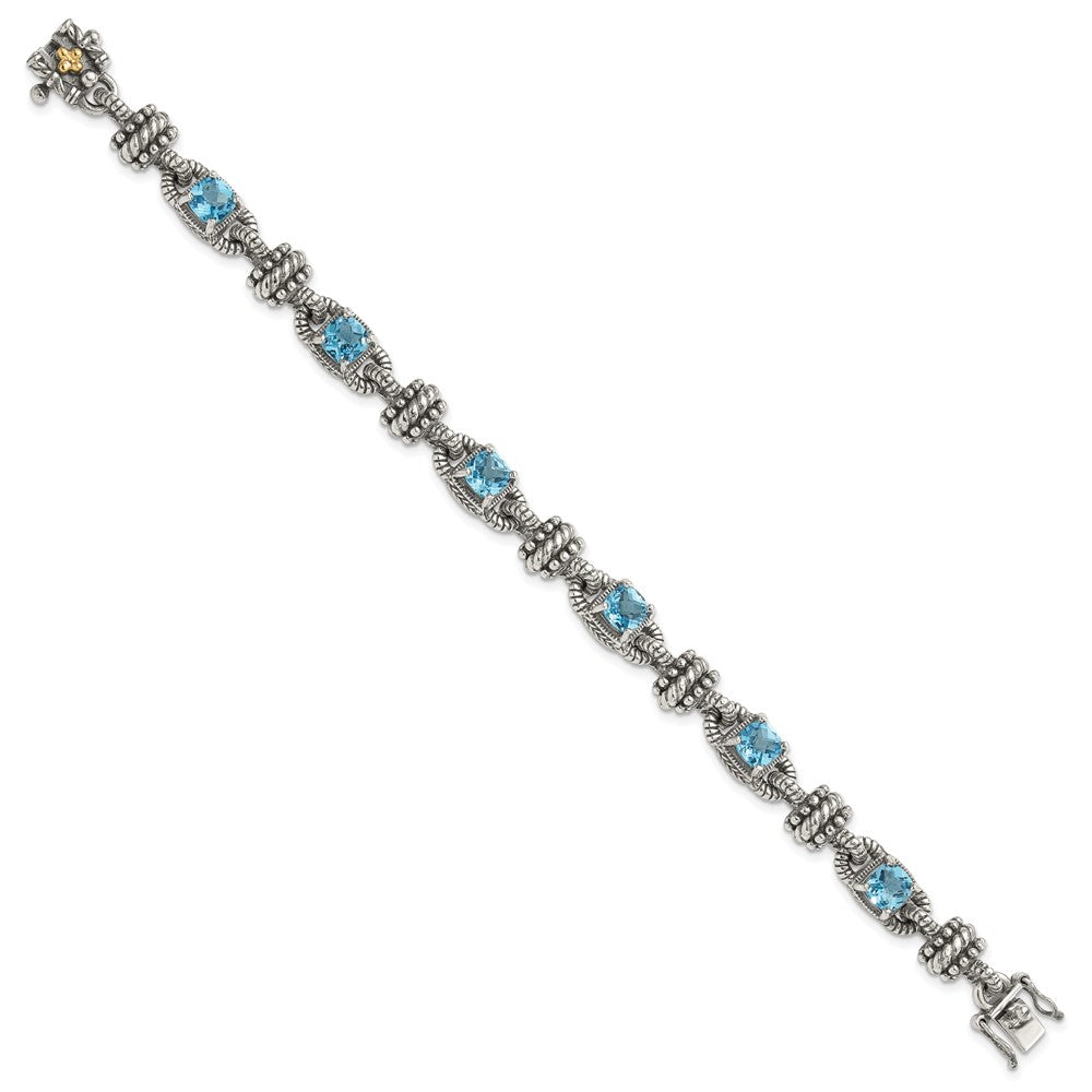 Shey Couture Sterling Silver with 14K Accent 7.5 Inch Antiqued Cushion Swiss Blue Topaz Bracelet QTC389