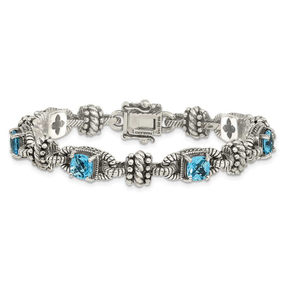 Shey Couture Sterling Silver with 14K Accent 7.5 Inch Antiqued Cushion Swiss Blue Topaz Bracelet QTC389