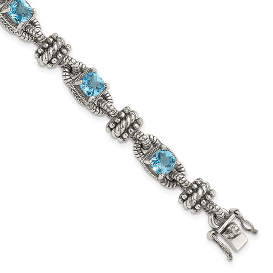 Shey Couture Sterling Silver with 14K Accent 7.5 Inch Antiqued Cushion Swiss Blue Topaz Bracelet QTC389