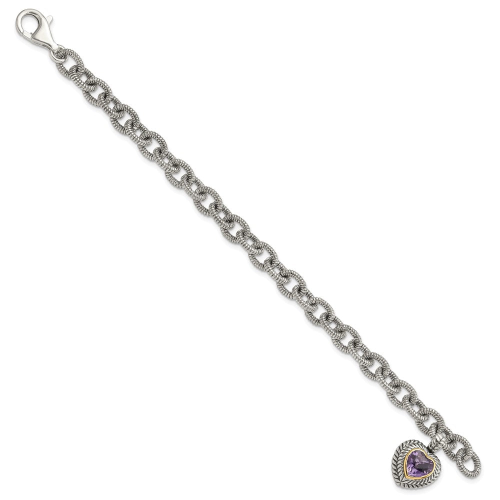 Shey Couture Sterling Silver with 14K Accent 7.5 Inch Antiqued Amethyst Heart Link Bracelet QTC394