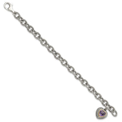 Shey Couture Sterling Silver with 14K Accent 7.5 Inch Antiqued Amethyst Heart Link Bracelet QTC394