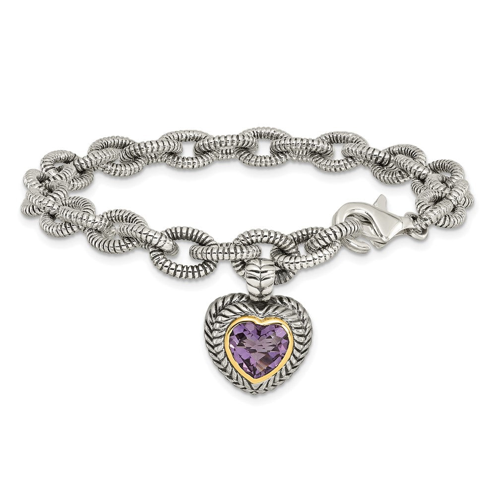 Shey Couture Sterling Silver with 14K Accent 7.5 Inch Antiqued Amethyst Heart Link Bracelet QTC394