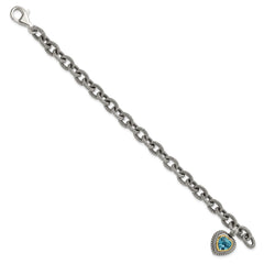 Shey Couture Sterling Silver with 14K Accent 7.5 Inch Antiqued Swiss Blue Topaz Heart Bezel Bracelet QTC395