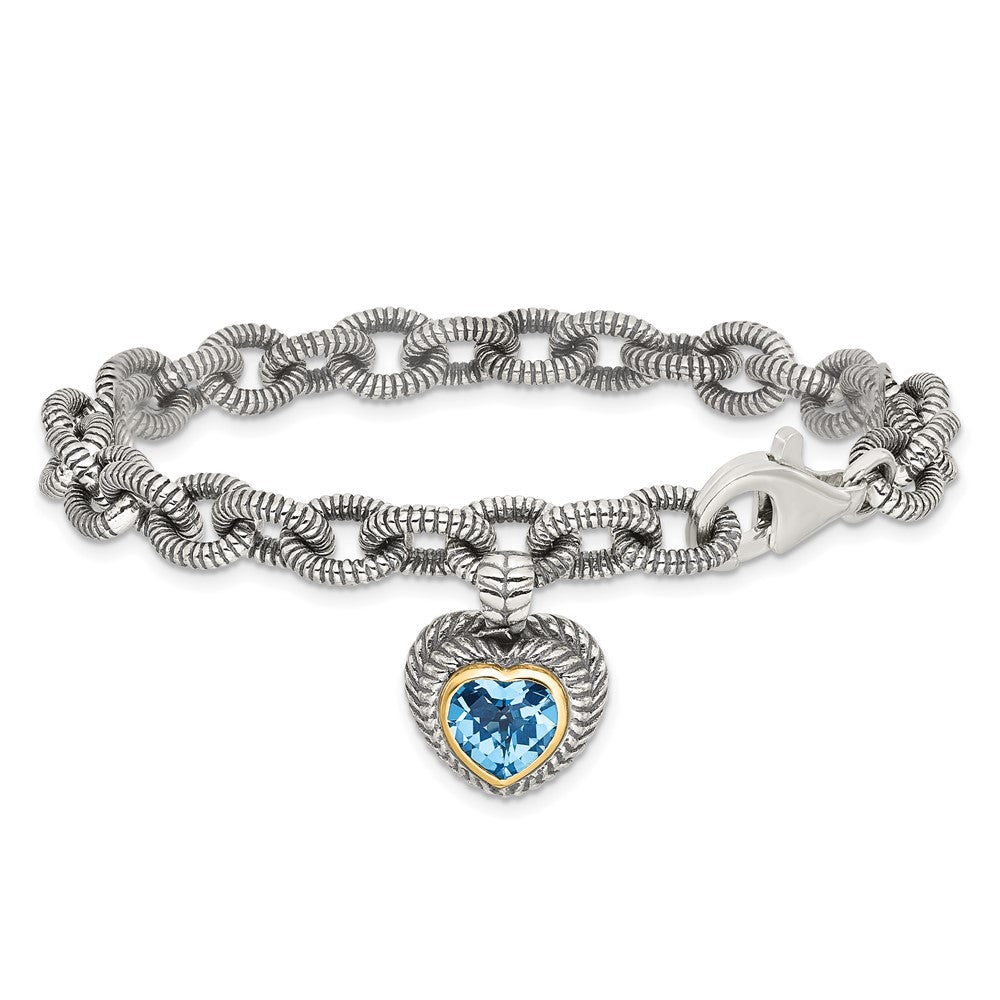 Shey Couture Sterling Silver with 14K Accent 7.5 Inch Antiqued Swiss Blue Topaz Heart Bezel Bracelet QTC395