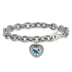 Shey Couture Sterling Silver with 14K Accent 7.5 Inch Antiqued Swiss Blue Topaz Heart Bezel Bracelet QTC395