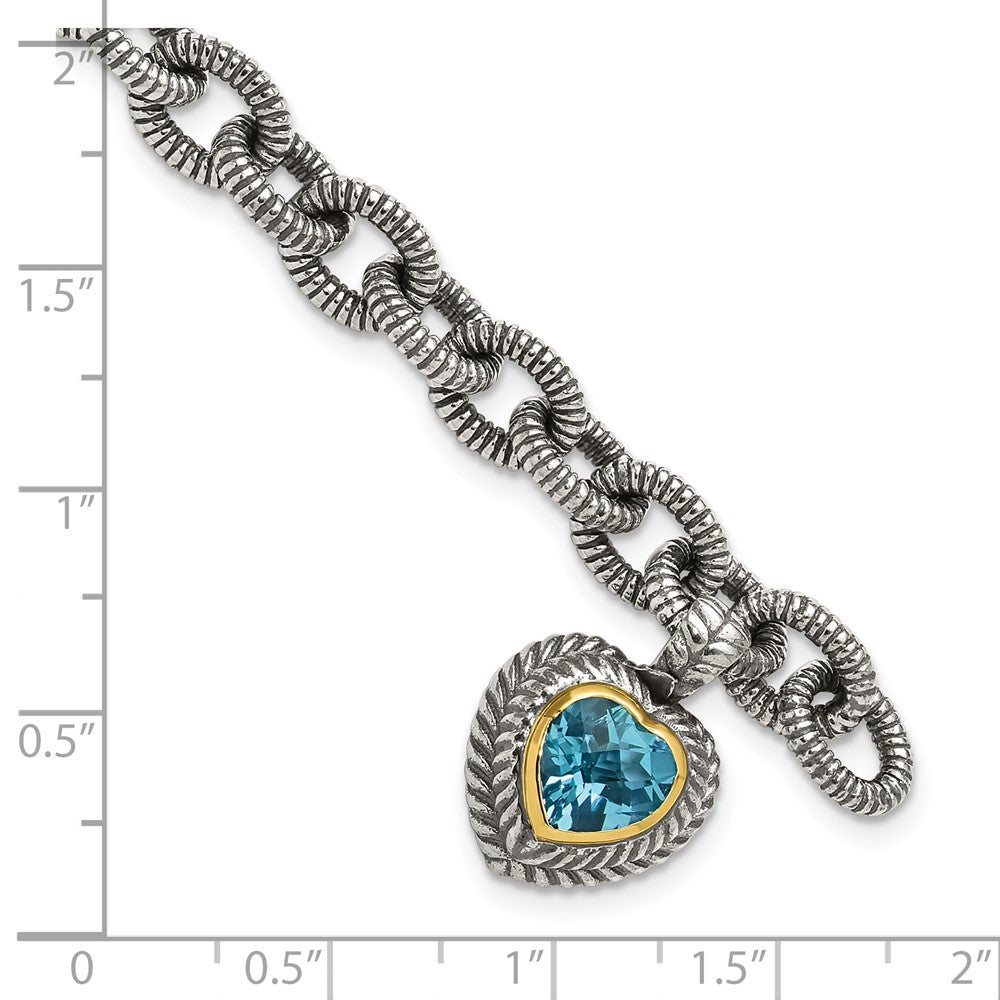 Shey Couture Sterling Silver with 14K Accent 7.5 Inch Antiqued Swiss Blue Topaz Heart Bezel Bracelet QTC395