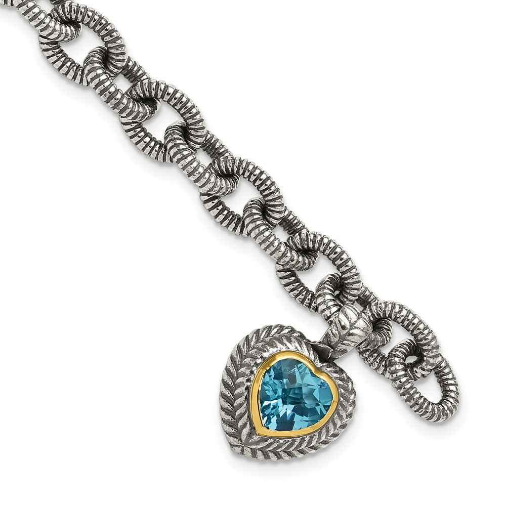 Shey Couture Sterling Silver with 14K Accent 7.5 Inch Antiqued Swiss Blue Topaz Heart Bezel Bracelet QTC395