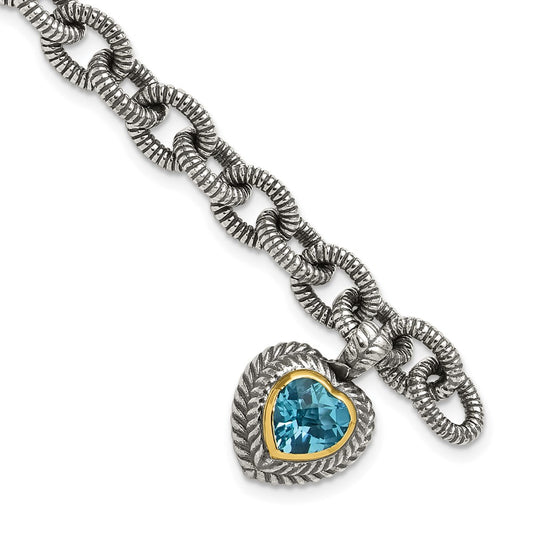 Shey Couture Sterling Silver with 14K Accent 7.5 Inch Antiqued Swiss Blue Topaz Heart Bezel Bracelet QTC395