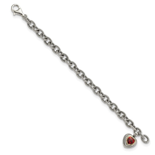 Shey Couture Sterling Silver with 14K Accent 7.25 Inch Antiqued Checkerboard Garnet Heart Link Bracelet QTC397