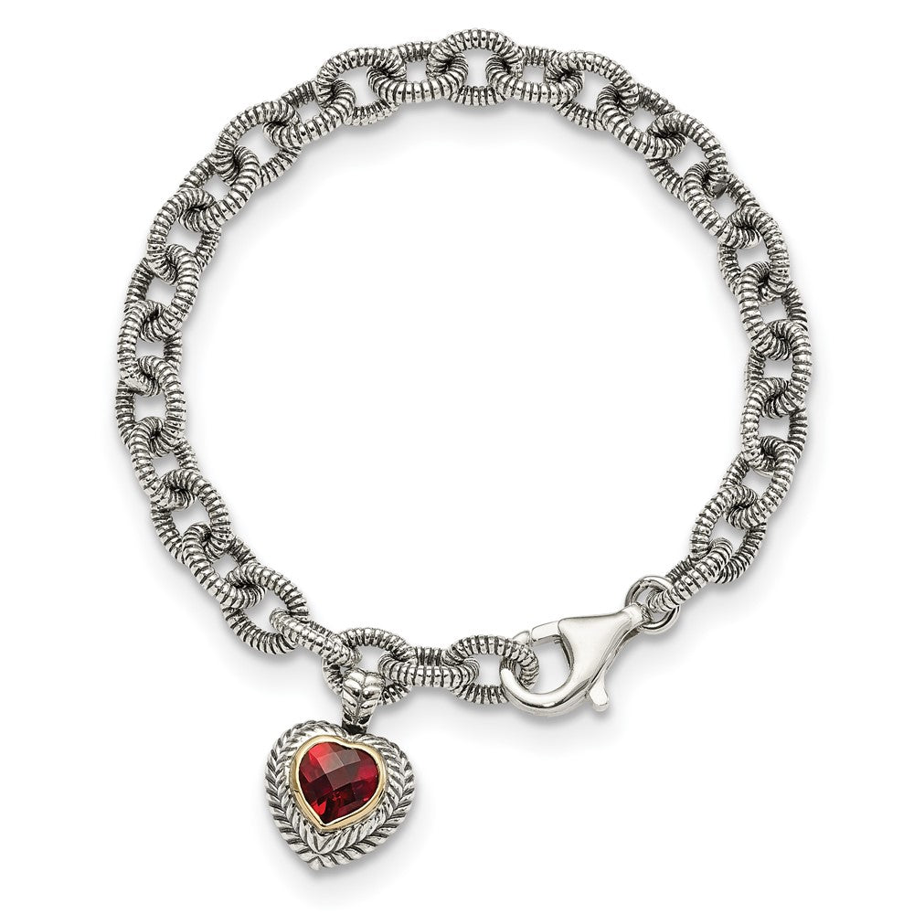 Shey Couture Sterling Silver with 14K Accent 7.25 Inch Antiqued Checkerboard Garnet Heart Link Bracelet QTC397