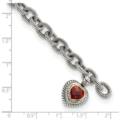 Shey Couture Sterling Silver with 14K Accent 7.25 Inch Antiqued Checkerboard Garnet Heart Link Bracelet QTC397