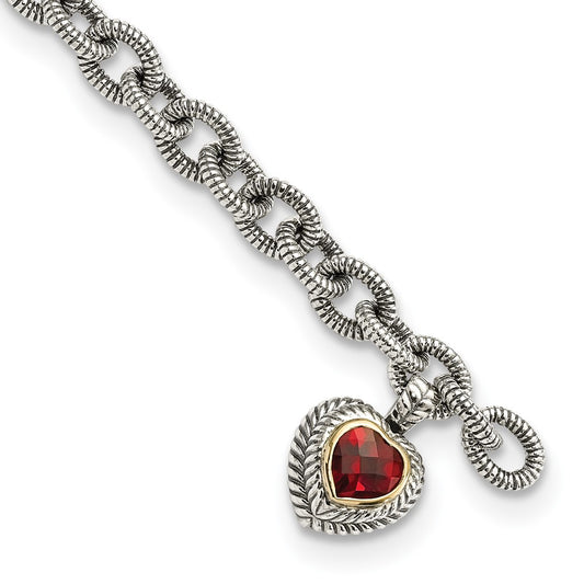 Shey Couture Sterling Silver with 14K Accent 7.25 Inch Antiqued Checkerboard Garnet Heart Link Bracelet QTC397