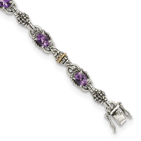 Shey Couture Sterling Silver with 14K Accent 7.25 Inch Antiqued Oval Amethyst Bracelet QTC406