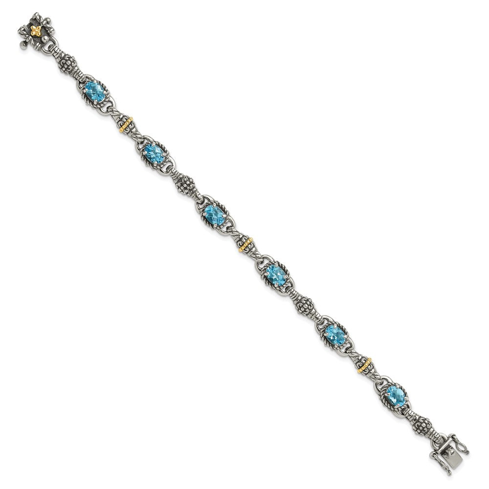 Shey Couture Sterling Silver with 14K Accent 7.25 Inch Antiqued Oval Swiss Blue Topaz Bracelet QTC407