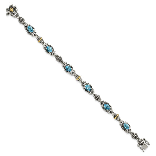 Shey Couture Sterling Silver with 14K Accent 7.25 Inch Antiqued Oval Swiss Blue Topaz Bracelet QTC407