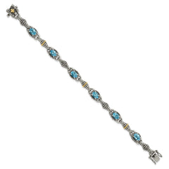 Shey Couture Sterling Silver with 14K Accent 7.25 Inch Antiqued Oval Swiss Blue Topaz Bracelet QTC407