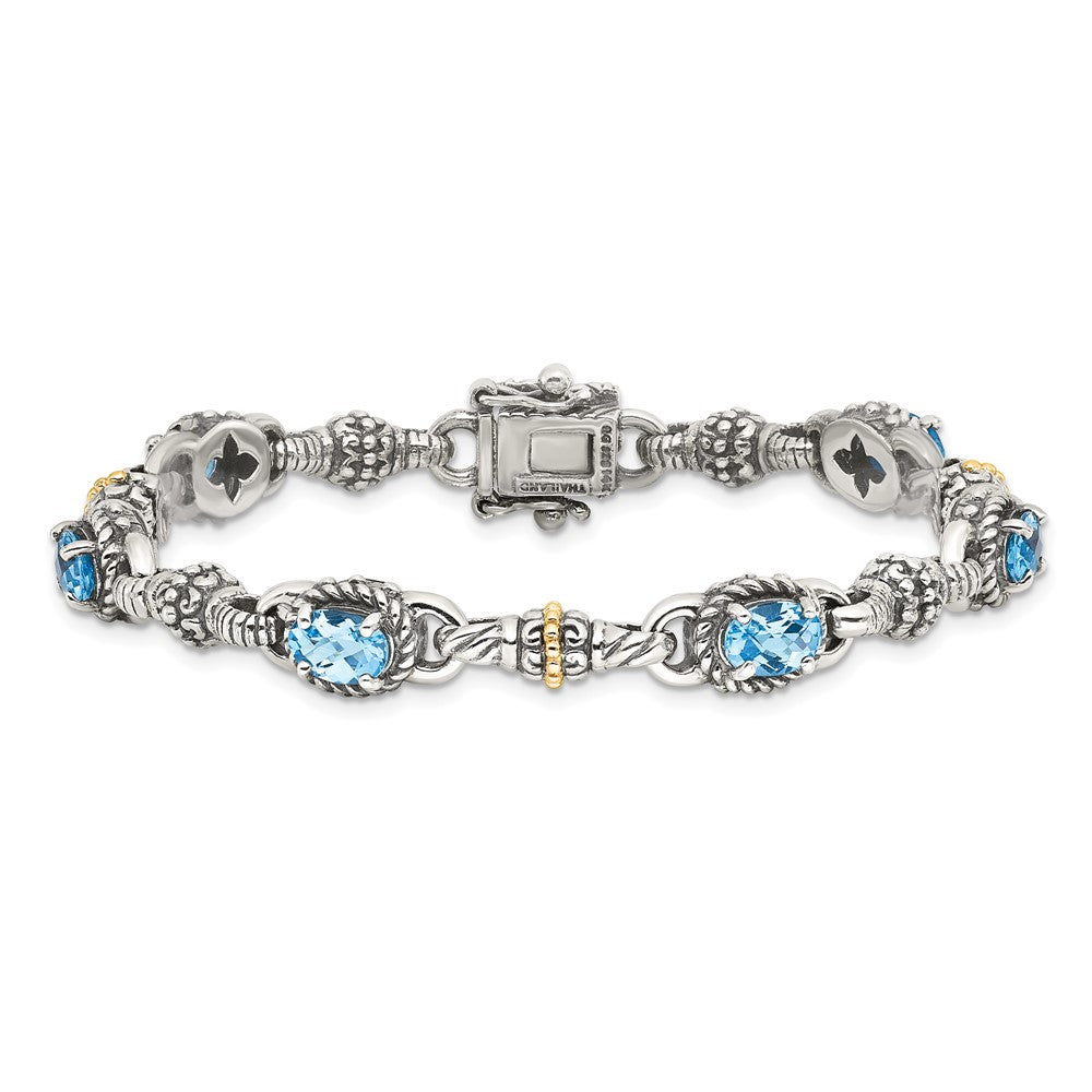 Shey Couture Sterling Silver with 14K Accent 7.25 Inch Antiqued Oval Swiss Blue Topaz Bracelet QTC407